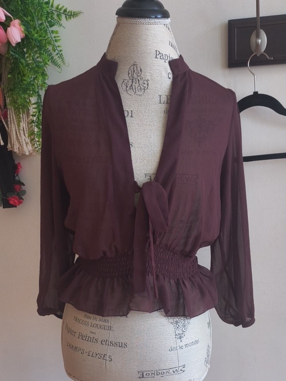 Asos Womens Tie-Front Peplum Blouse - Burgundy, Size 8